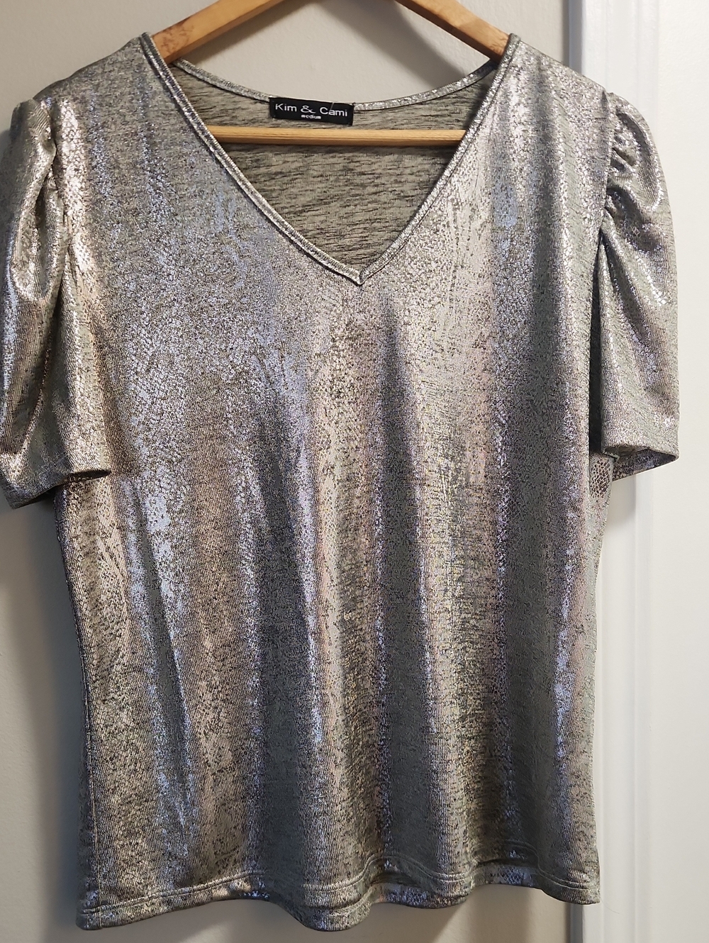 Kim & Cami Metallic Silver V-Neck Short Sleeve Top